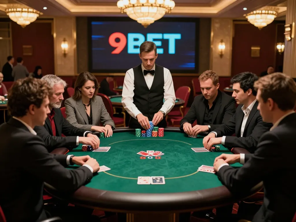 Players enjoying a high-stakes poker game at a casino featuring 9BET branding