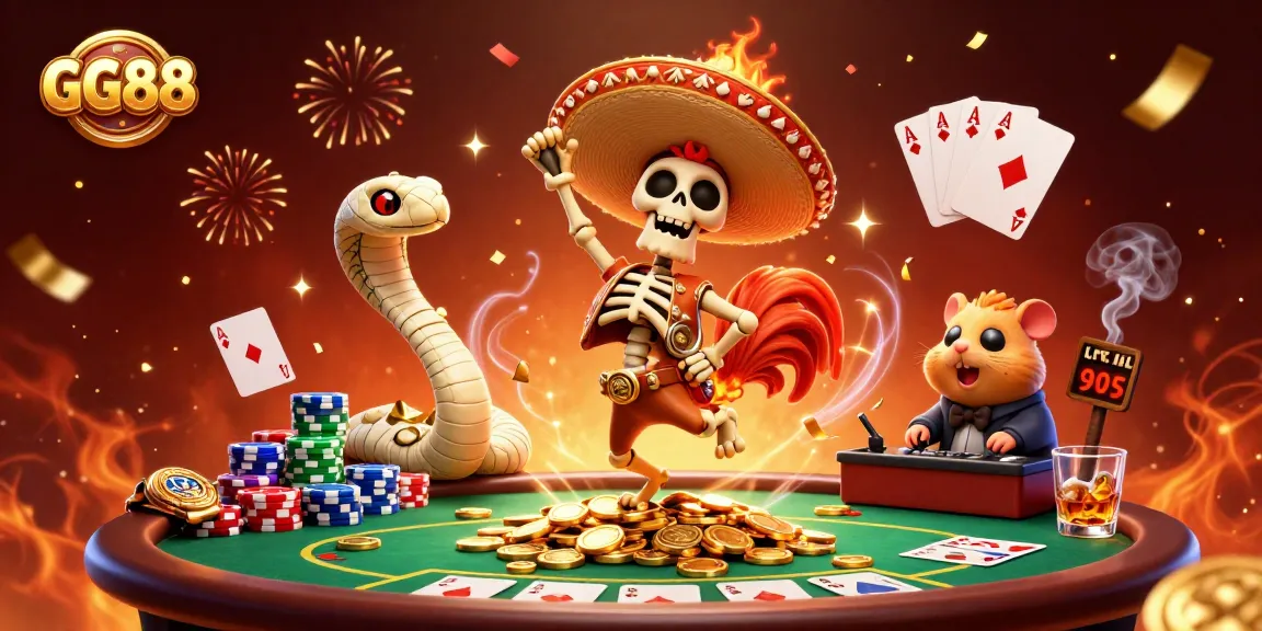 Engage in thrilling gameplay at GG88 with vibrant casino elements and dynamic characters amidst a festive atmosphere.
