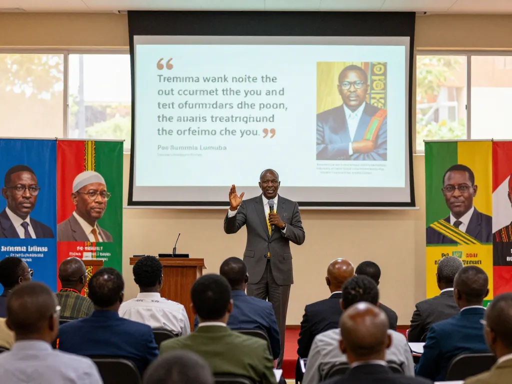 PLO Lumumba captivating an audience at a public speaking event about African leadership.