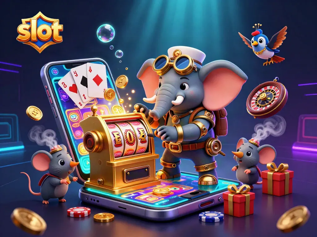 Experience the excitement of slot games as a steampunk elephant operates a slot machine.