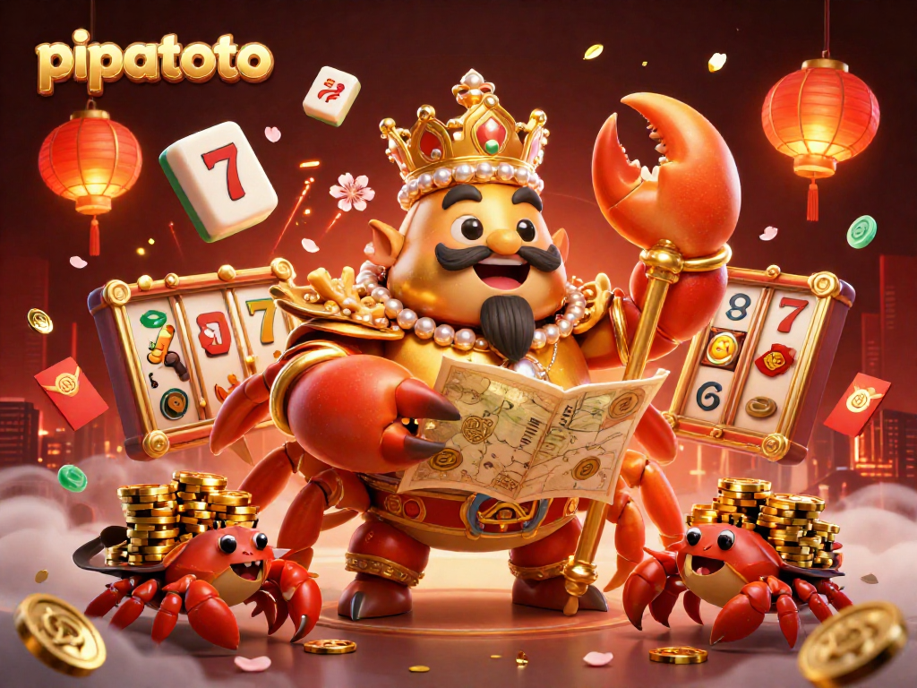 Engage with pipatoto as a 3D golden crab emperor oversees lavish gaming treasures in an online casino.