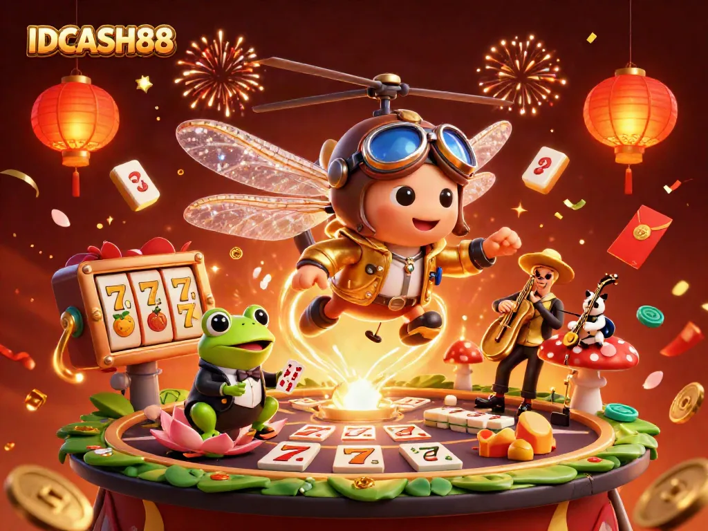 Engage with games on IDCASH88 in a vibrant 3D casino scene filled with dynamic characters and elements.