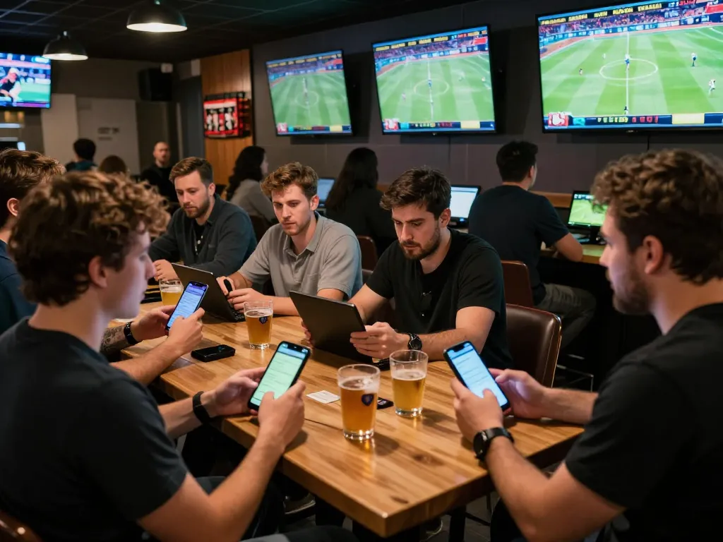 F168 bettors engaging in a lively sports betting scene using apps to track live events