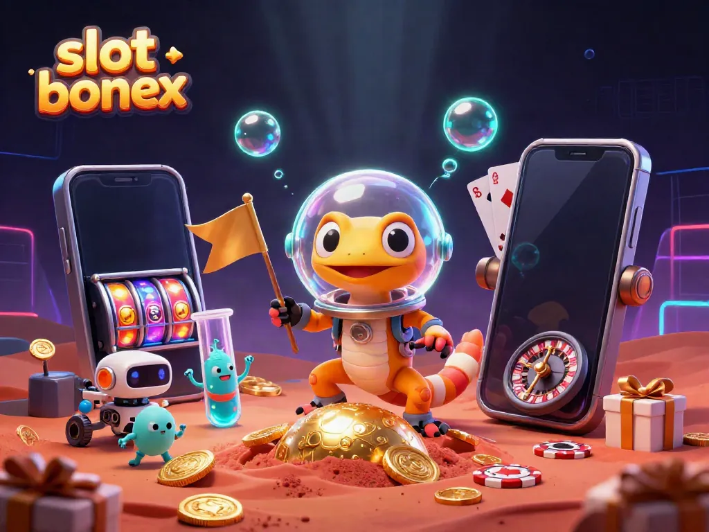 Engage with exciting slot bonus features in a vibrant casino atmosphere with a Martian gecko.