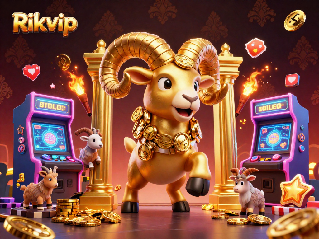 Engage in gaming excitement with Rikvip as golden creatures animate around vibrant arcade elements.