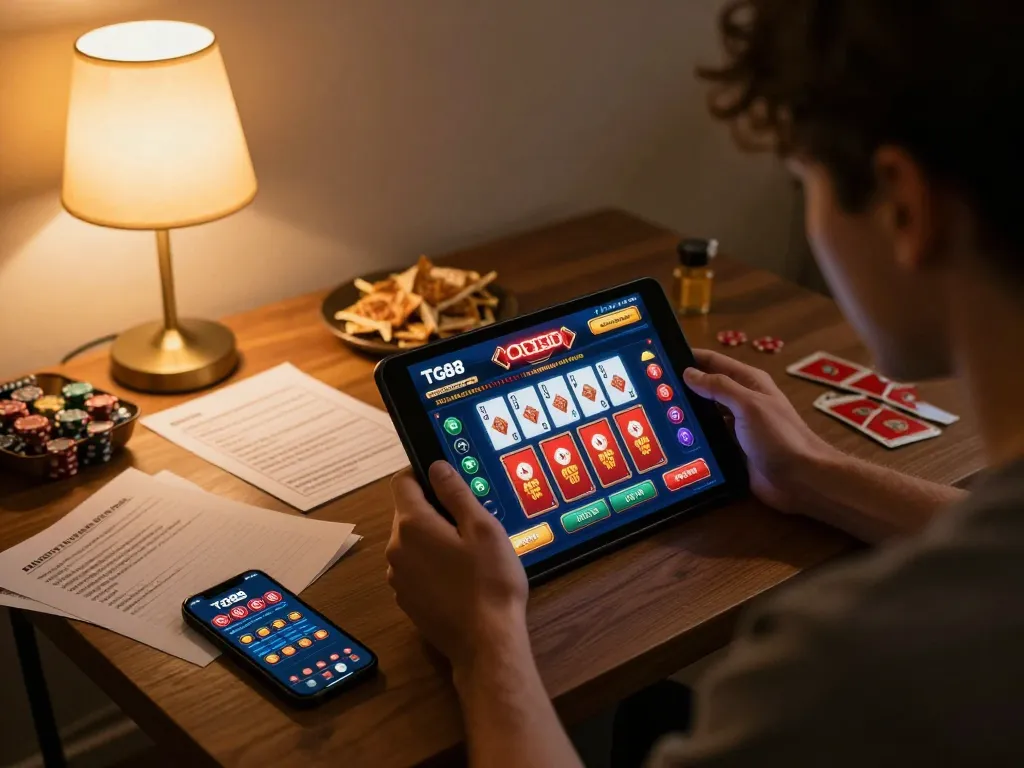 Player enjoying TG88 online casino on a tablet, immersed in strategy and gaming.