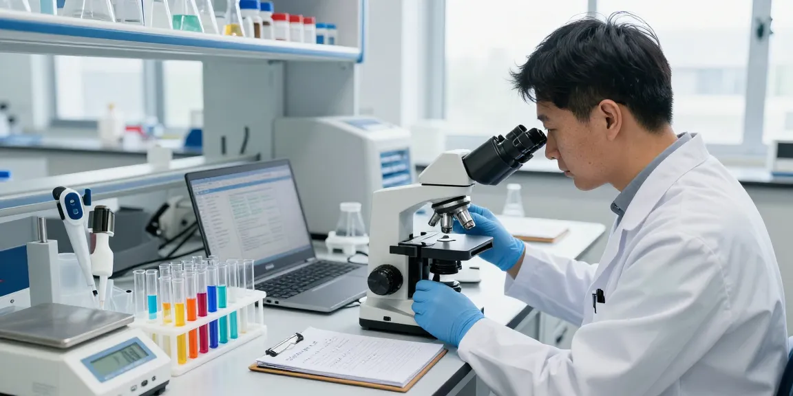 Researcher analyzing SwissChems Peptides in a modern laboratory setting, surrounded by high-tech equipment.
