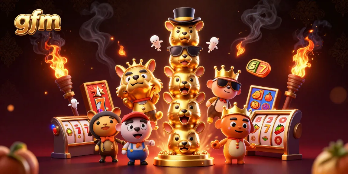 Engaging 3D illustration highlighting gfm with dynamic casino game elements and a golden totem pole.