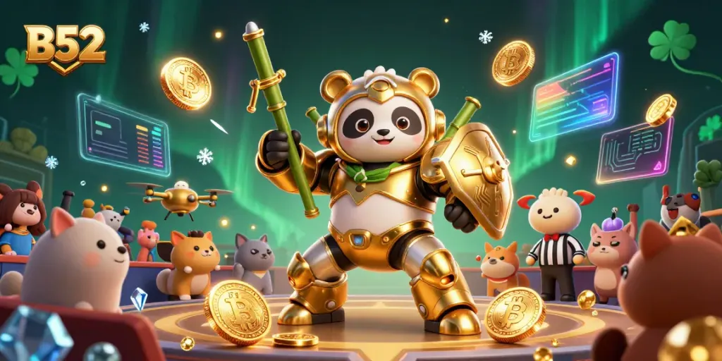 Experience thrilling gameplay with B52 at the dynamic gaming arena featuring golden panda pilots and cryptocurrency elements.