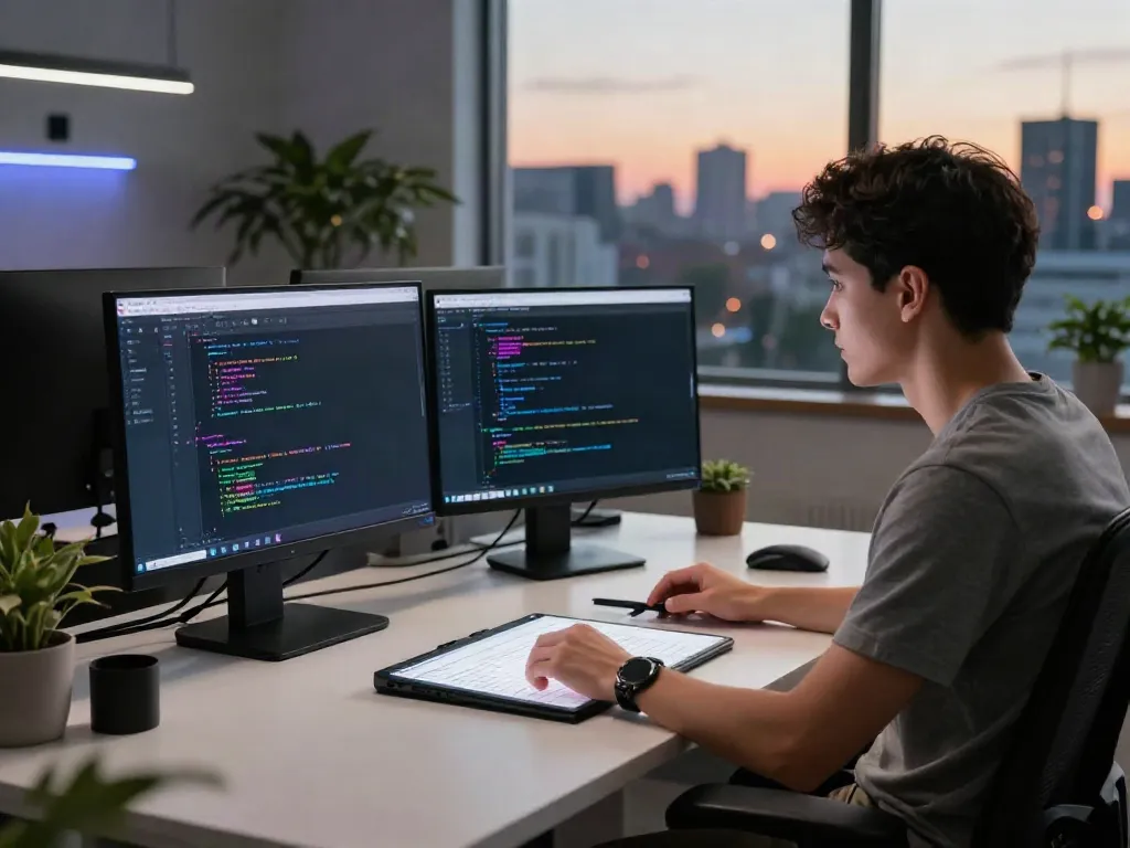 Developer using an uncensored AI chat application in a modern tech workspace.