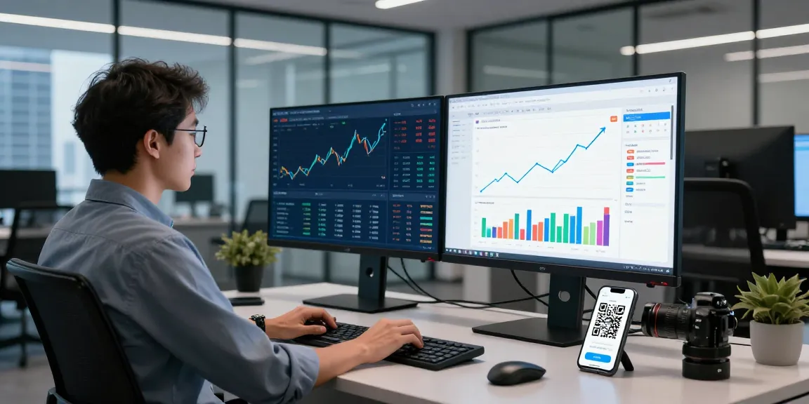 Financial analyst engaging with slot qris technology in modern workspace, showcasing real-time analytics and QR code integration.