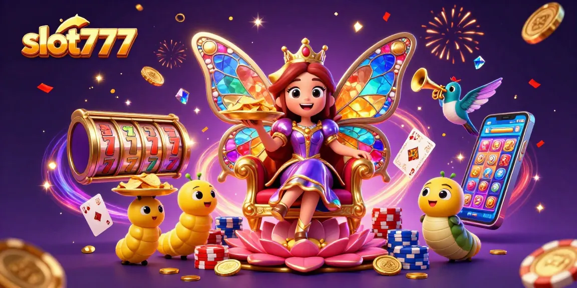 Experience the thrill with slot777's vibrant scene of spinning reels, royal flush cards, and sparkling gems.