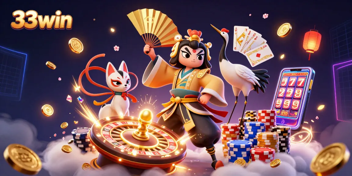 Experience thrilling gameplay at 33win with this vibrant digital illustration featuring iconic gambling elements.