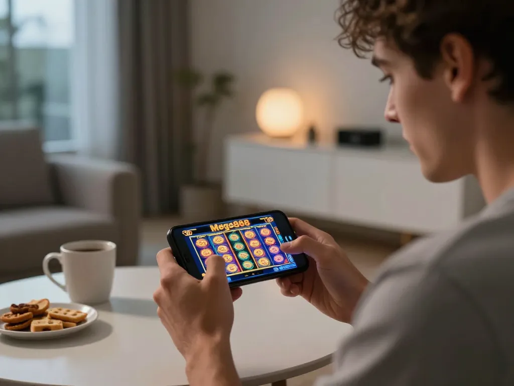 Engage with free credit mega888 while playing exciting slot games on a smartphone in a cozy home.