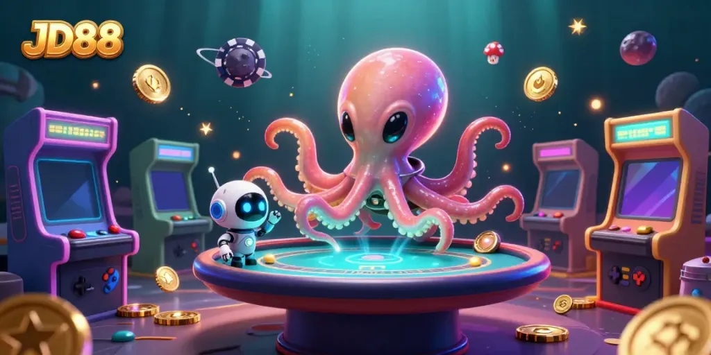 Engage in exciting gameplay at JD88 with a cartoon alien octopus and energetic robot companion at a poker table.