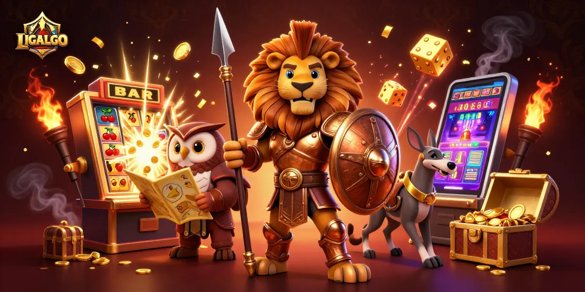 LIGALGO showcases a 3D Spartan lion and allies celebrating with jackpot slots in a vibrant casino scene.