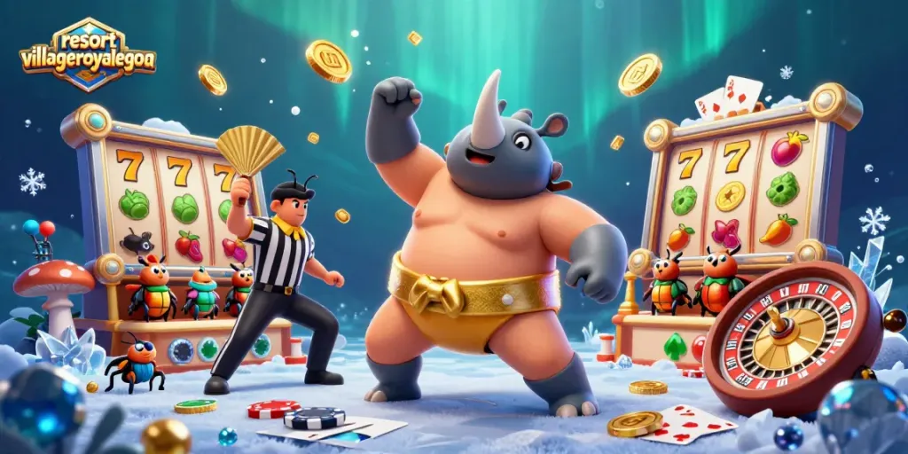 Launch winning strategies at resortvillageroyalegoa with a colorful casino-themed illustration.