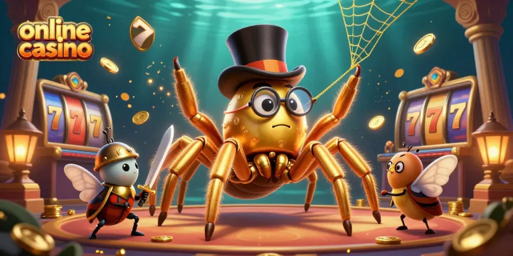 Disfruta de un emocionante casino online con una tarántula dorada y un caballero valiente. ¡Apuesta ahora!