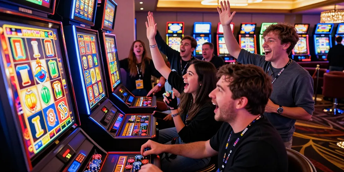 Players celebrating a slot jackpot win amidst a lively casino atmosphere.