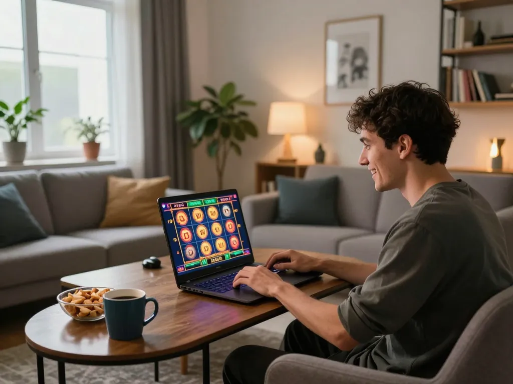 Engaged player enjoying slot games on FIVE88 platform in cozy home setting, emphasizing a responsible gambling experience.