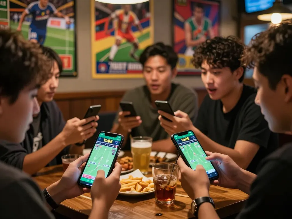 Engaged users placing bets with the ta88 app during a live sports event in a vibrant bar.