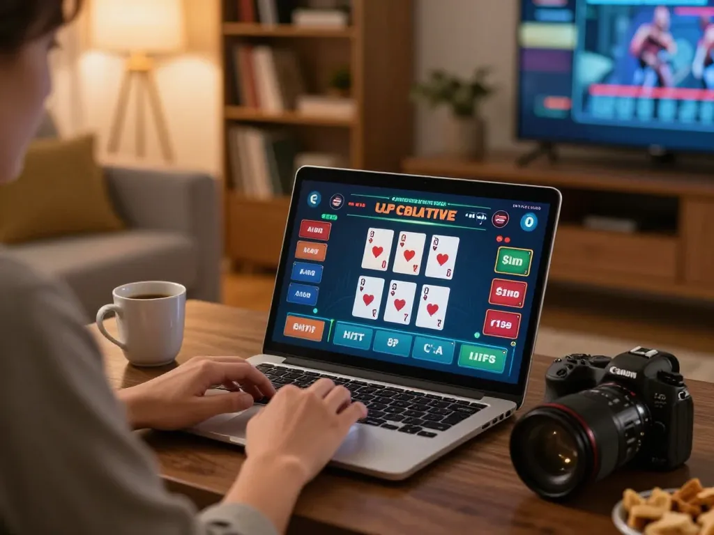Engaging in online baccarat with lc88 in a cozy home gaming setup, showcasing strategic gameplay.