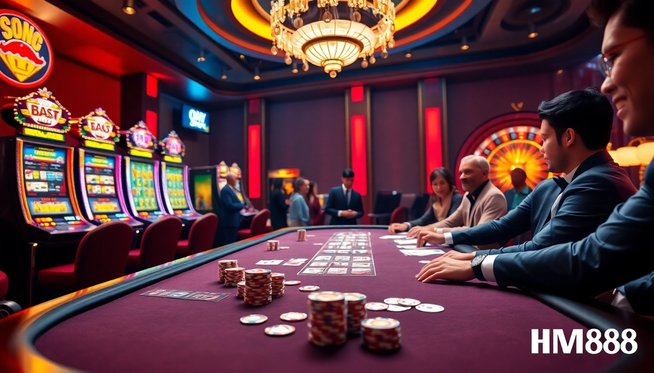 Experience high-stakes gaming action at MM88 with vibrant casino scenes.