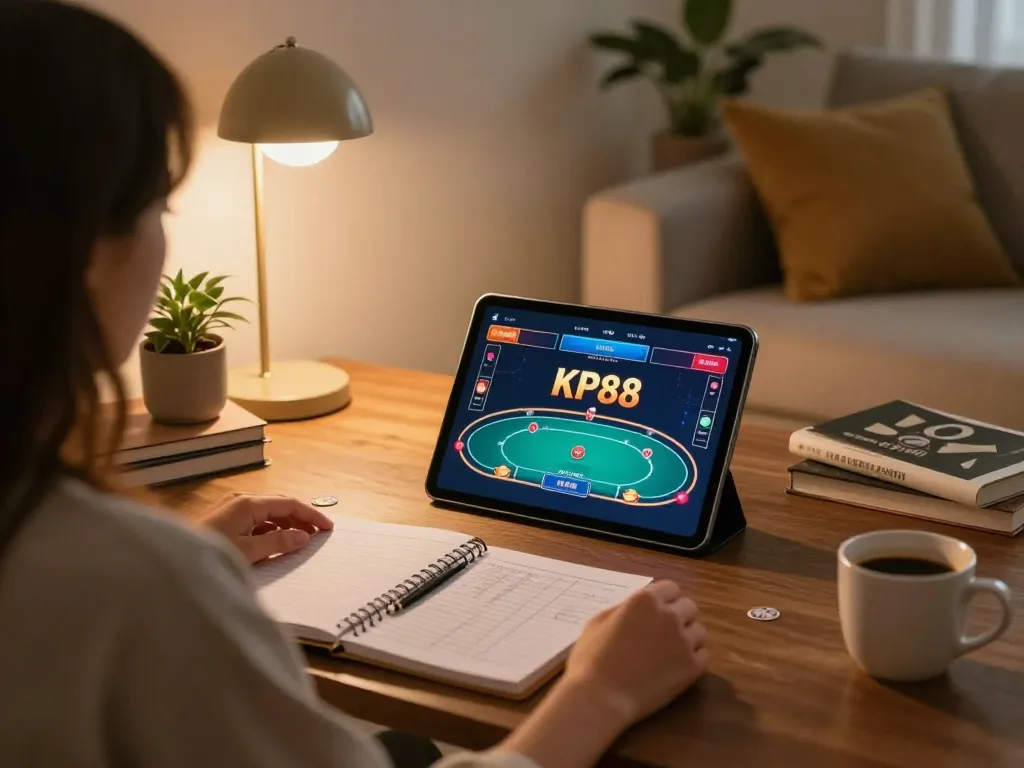 Person strategizing poker on KP88 while enjoying a cozy home ambiance