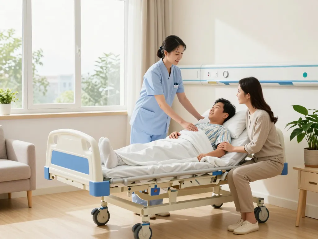 Compassionate nurse adjusting a giường bệnh nhân in a bright hospital room, showcasing care and modern medical support.
