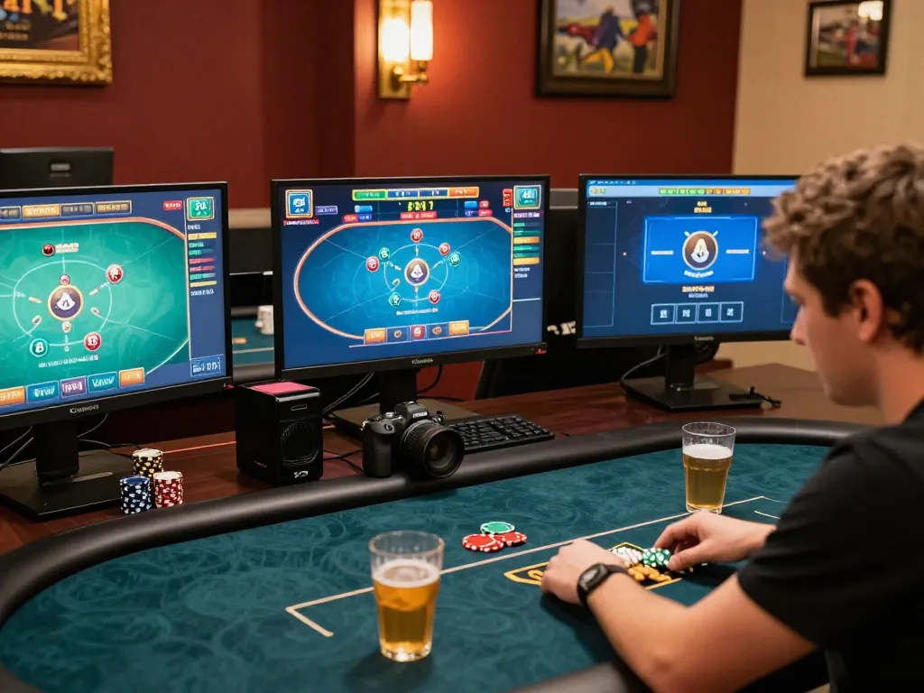 Person strategizing in an online casino session at LC99, showcasing focused gameplay on multiple screens.
