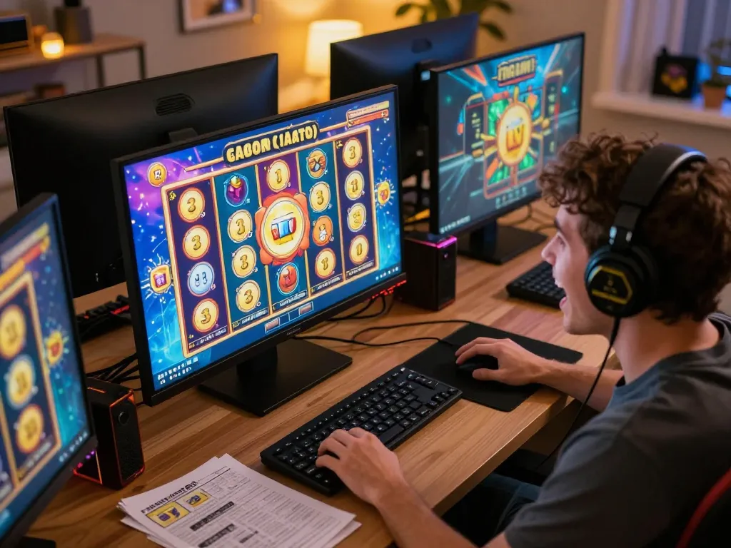 Engaging in an exciting slot gacor session at home, showcasing a vibrant gaming interface and joyful reaction.