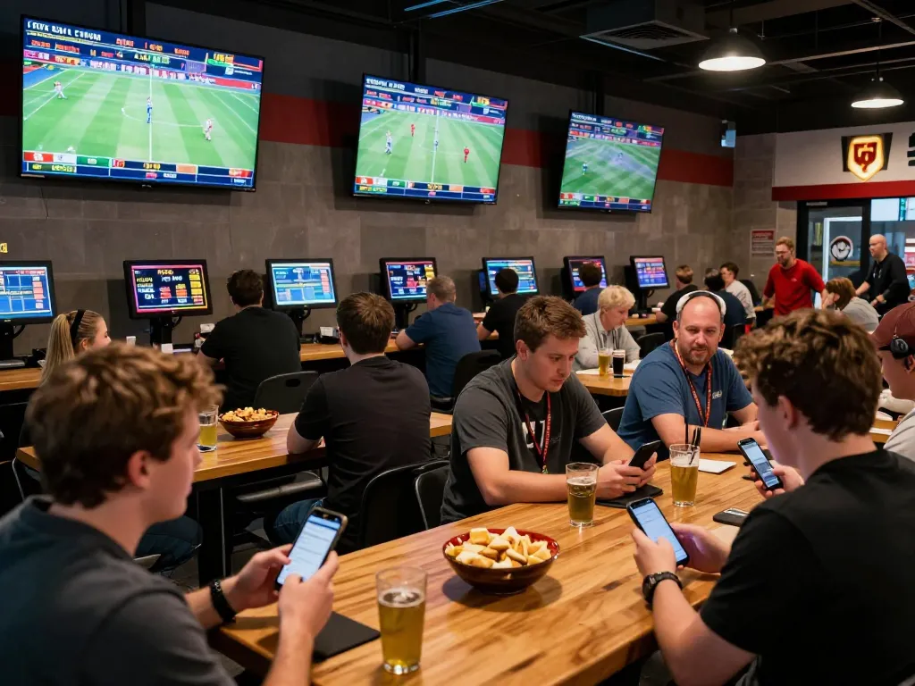 Engaged bettors analyzing keobongda odds in a lively sports bar environment