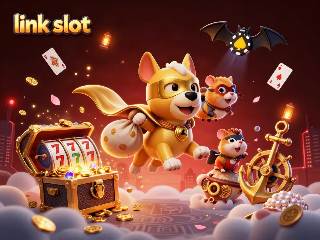 Experience excitement with link slot showcased by a superhero dog and hamster in a vibrant casino scene.