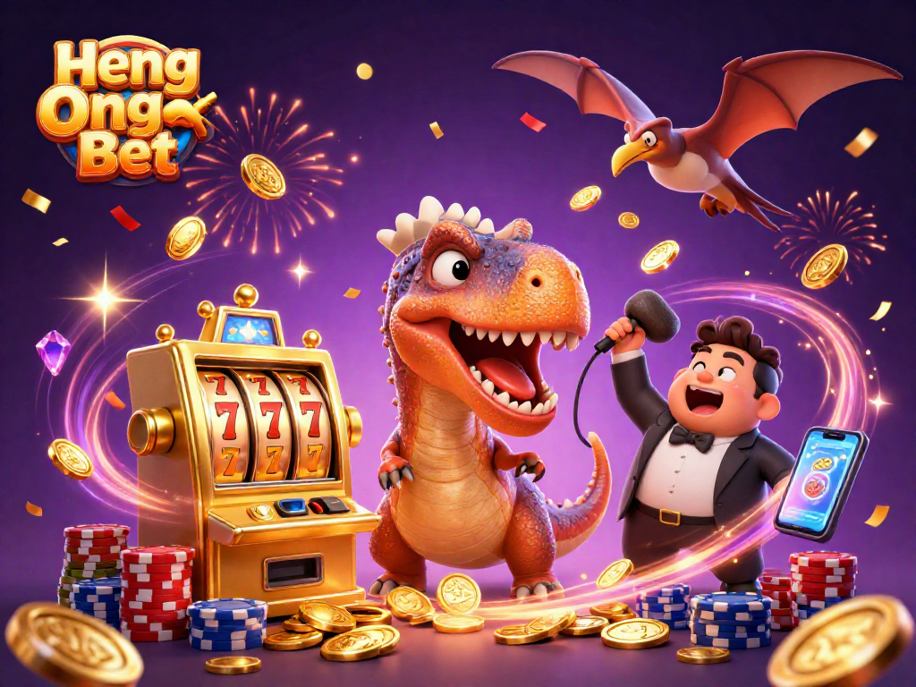 Experience big wins at Heng Ong Bet with a pachycephalosaurus jackpot headbutt in a vibrant casino scene.