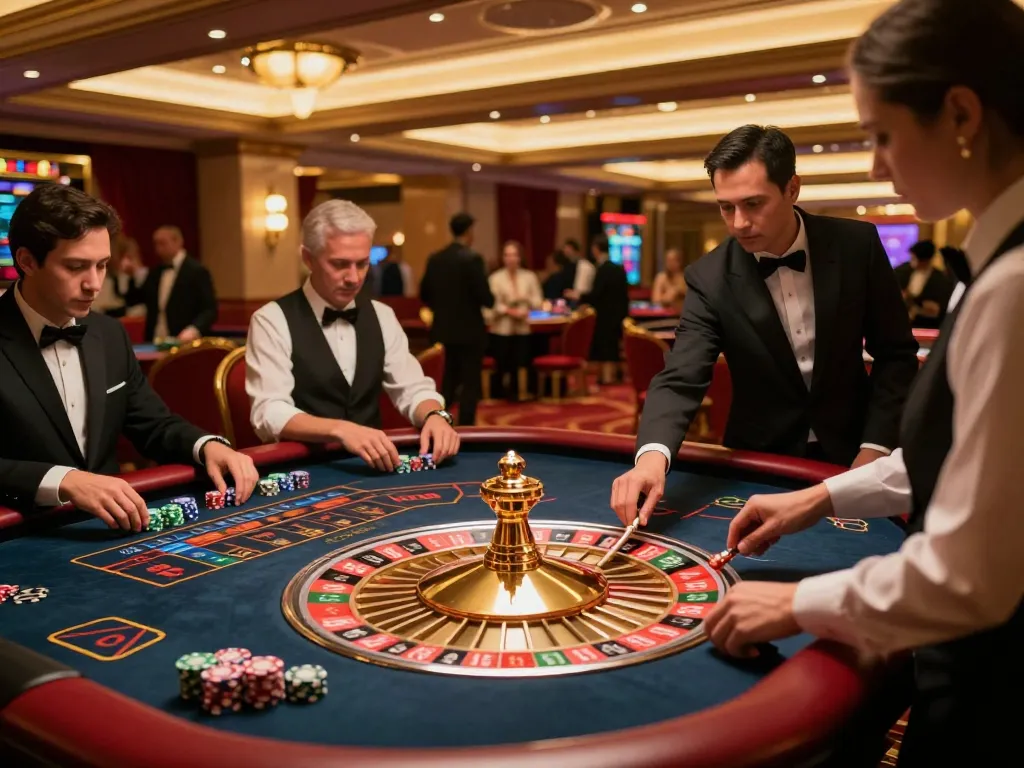 Exciting gameplay at nhà cái mm88 with players betting at a roulette table in a vibrant casino atmosphere.