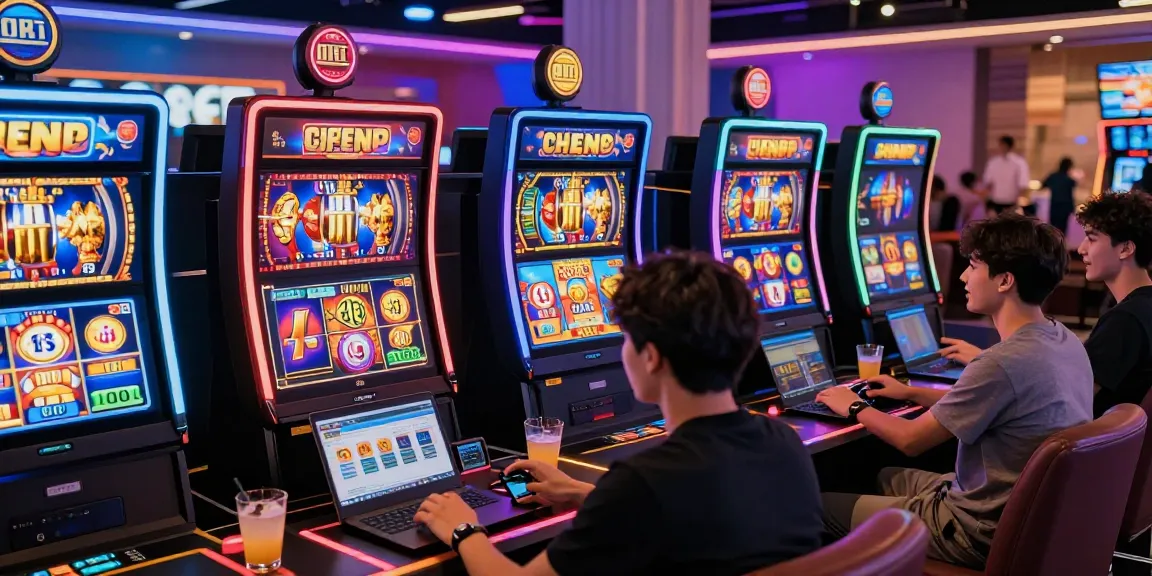 Excitement in a vibrant bandar slot gaming lounge with players engaging on multiple devices.