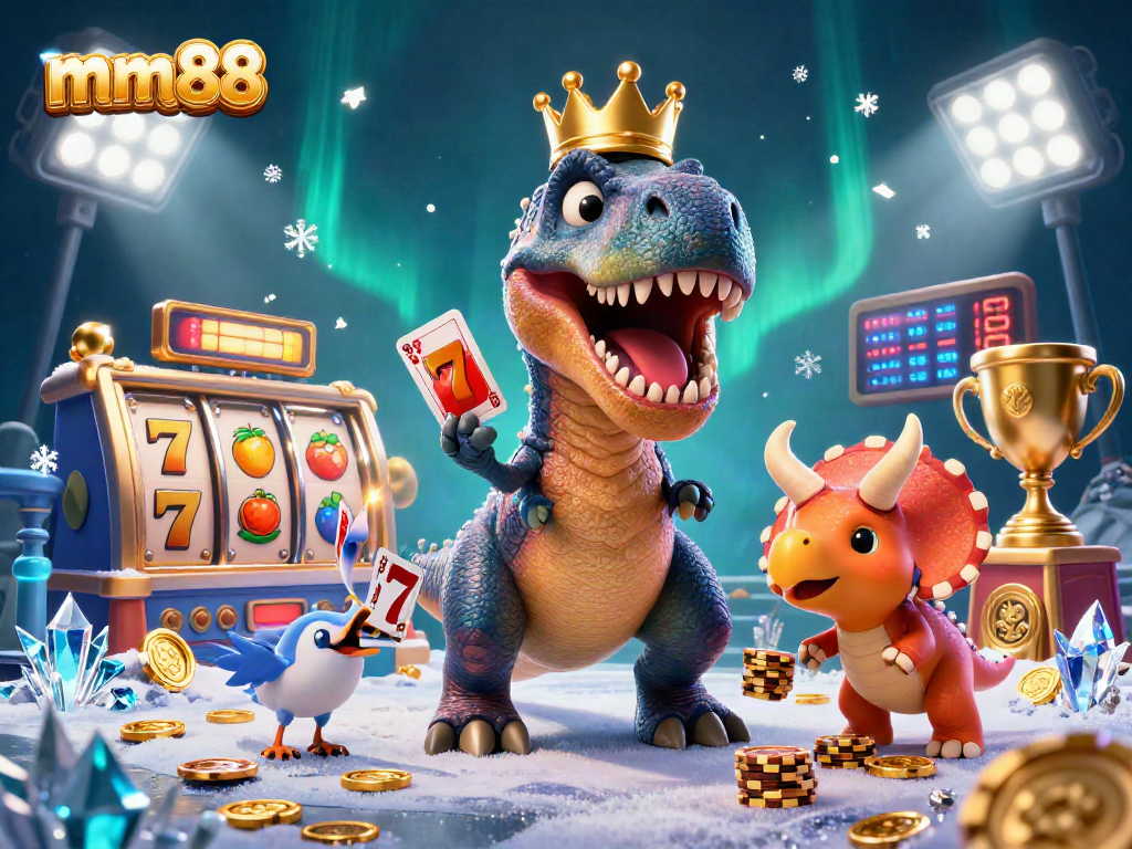 Engage with mm88's vibrant casino scene featuring a T-Rex and friends enjoying a card game.