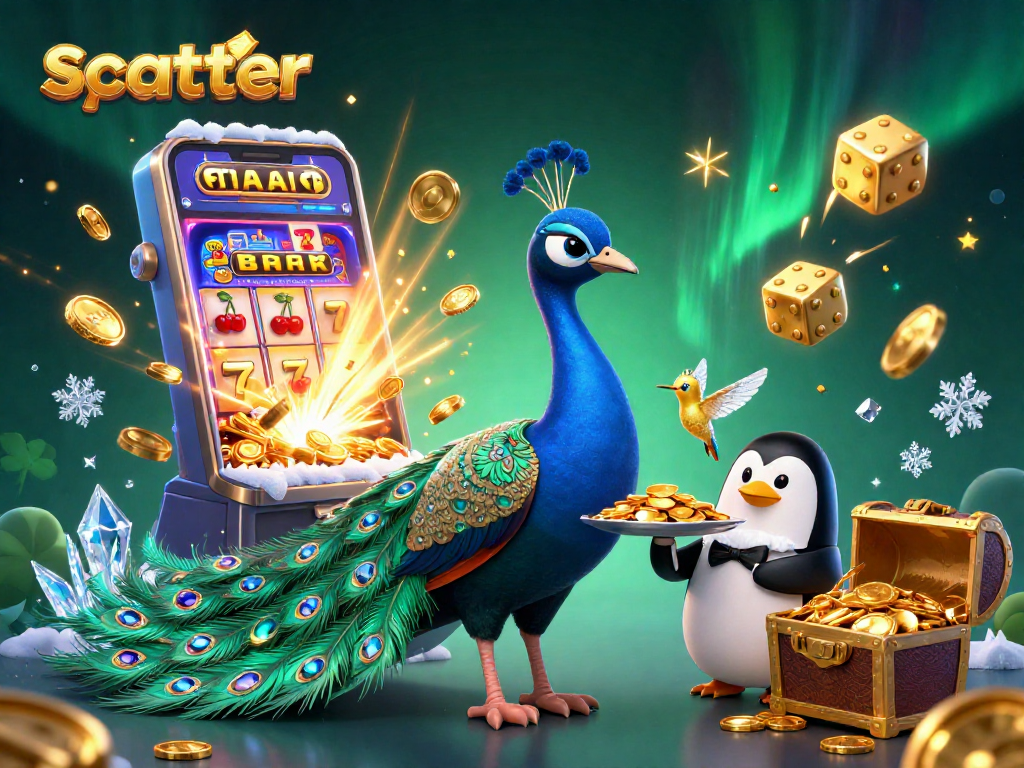 Spin for scatter wins with an aristocratic peacock and lucky symbols exploding around in a vibrant casino scene.