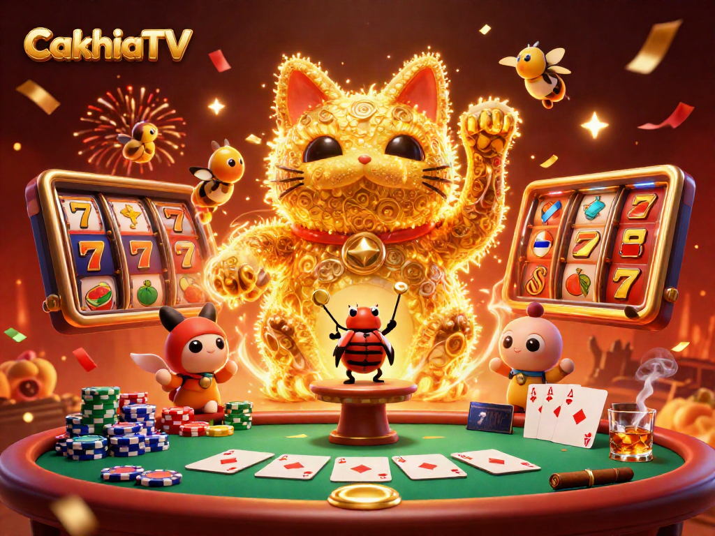 CakhiaTV brings a vibrant casino atmosphere with a giant lucky cat and dynamic game elements.
