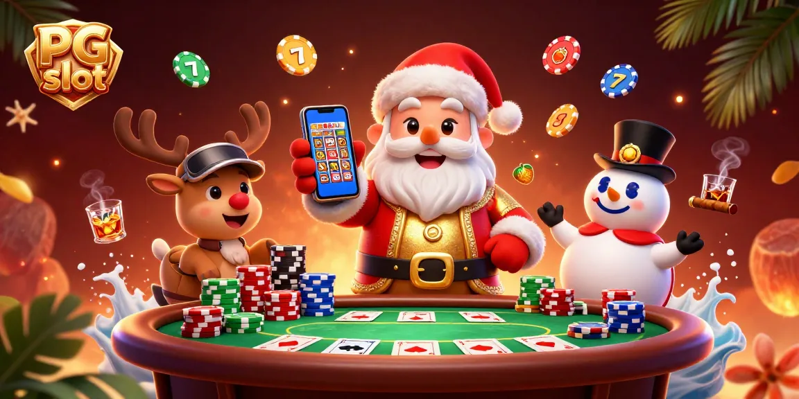 Spin jackpot slots with PG slot featuring Santa and friends in this vibrant casino scene.