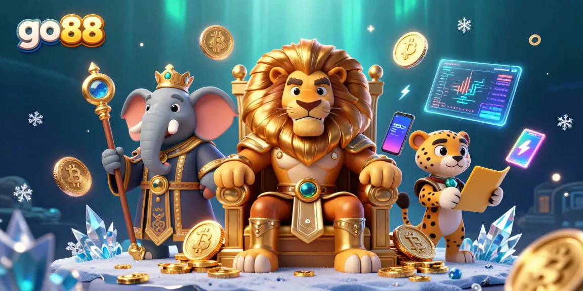 Win big with go 88 in this vibrant casino-themed illustration featuring 3D characters and crypto elements.