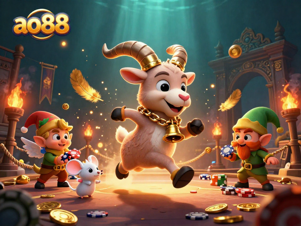Experience exciting action at ao88 with a Krampus goat overseeing a chaotic casino scene.
