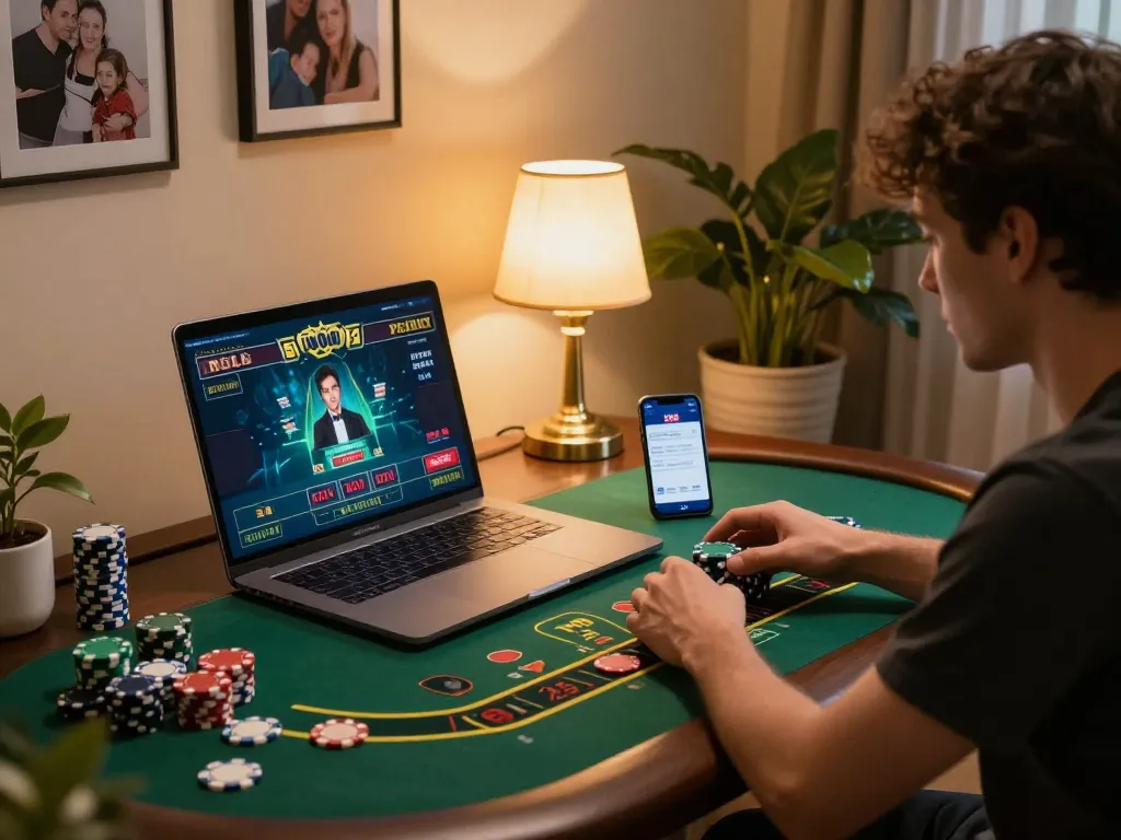 Playing yo88 live dealer games on a laptop at home with chips and a smartphone, creating a strategic gaming atmosphere.