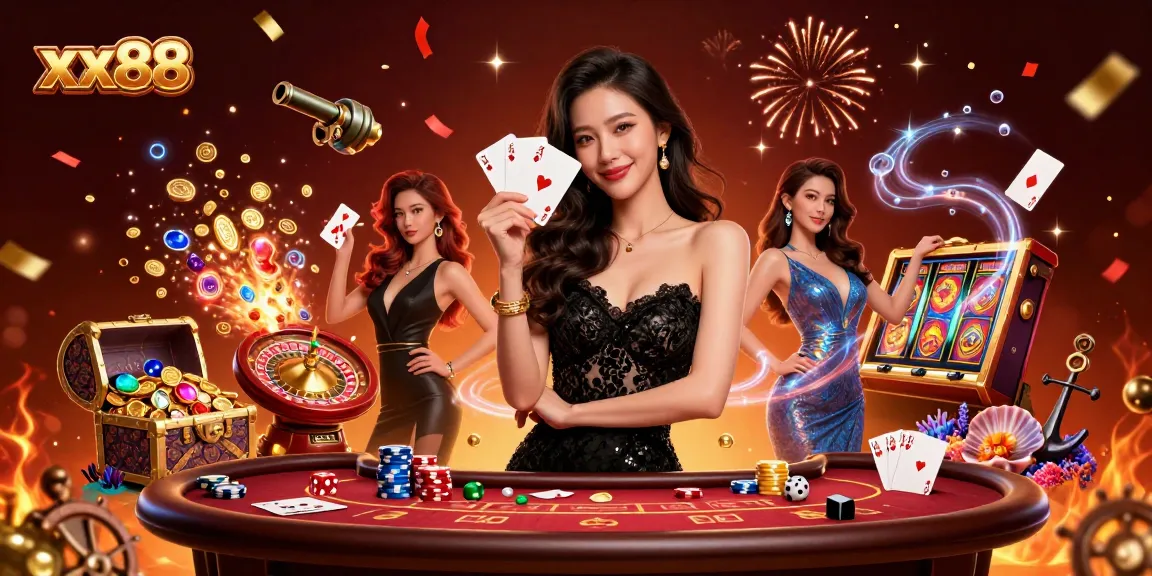 Play exciting games at xx88 with a captivating casino scene featuring a stylish dealer and classic elements.