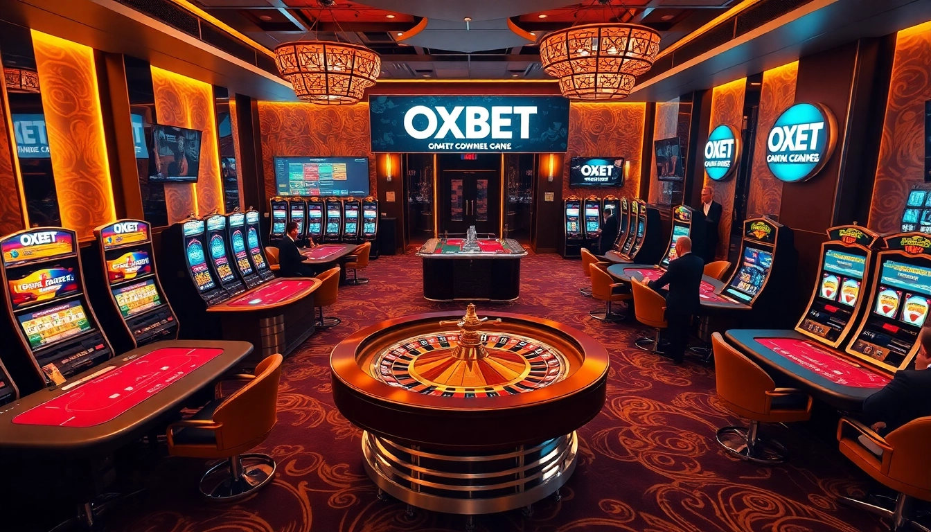 Experience thrilling gameplay at OXBET's modern casino, featuring sleek tables and vibrant slot machines.