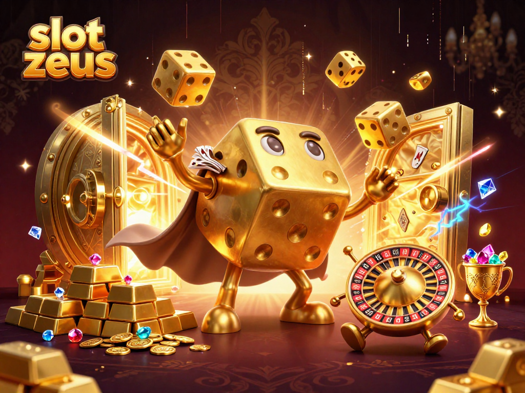 Win big at slot zeus with an exciting 3D casino illustration featuring golden dice and treasures.
