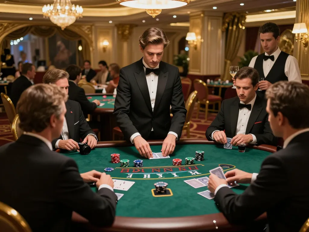 LLwin players strategizing at an upscale blackjack table in a luxurious casino environment.