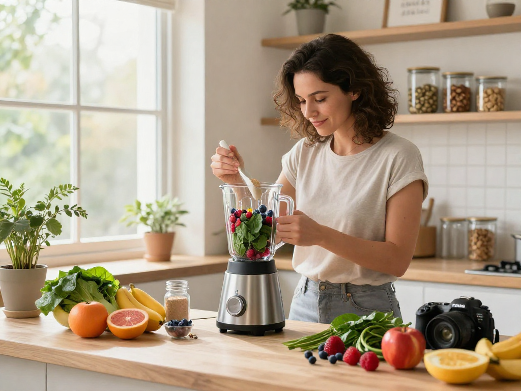 Natural antioxidant supplement ingredients being blended in a bright kitchen.
