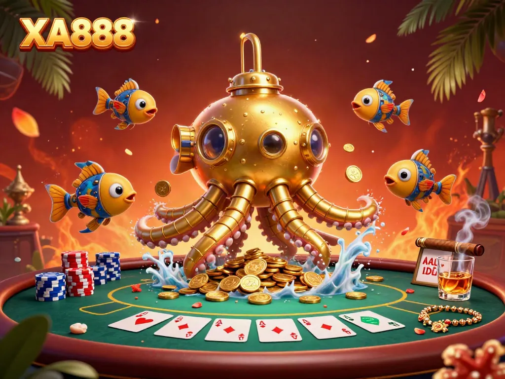 Engage with the thrill of XA888 as the golden kraken submarine emerges from golden coins, surrounded by poker elements.