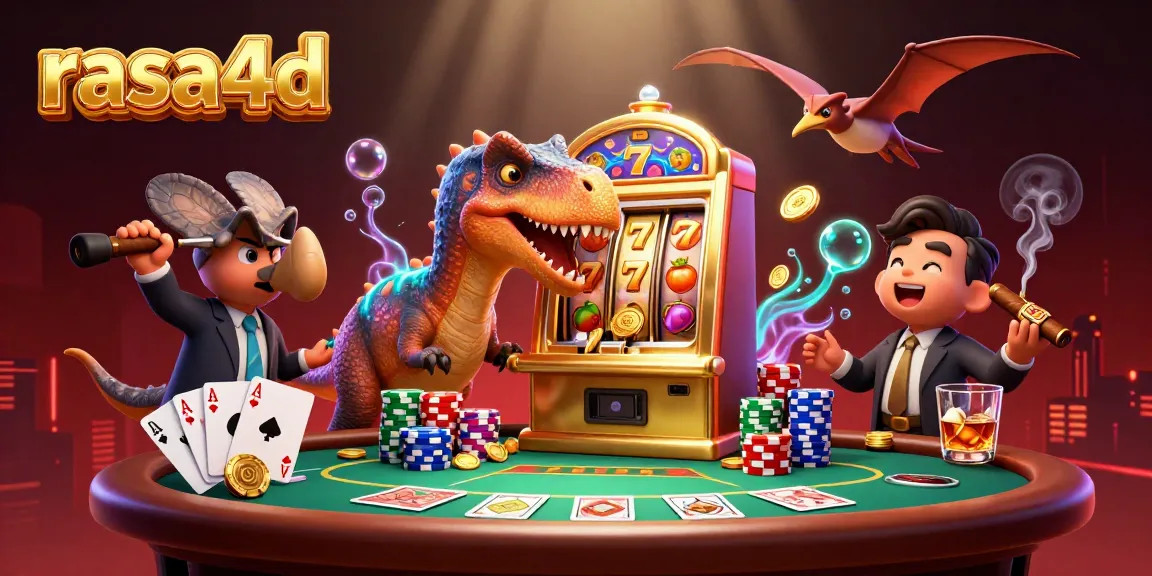 Menang besar dengan rasa4d: ilustrasi dinosauria di kasino dengan jackpot dan koin berkilau.